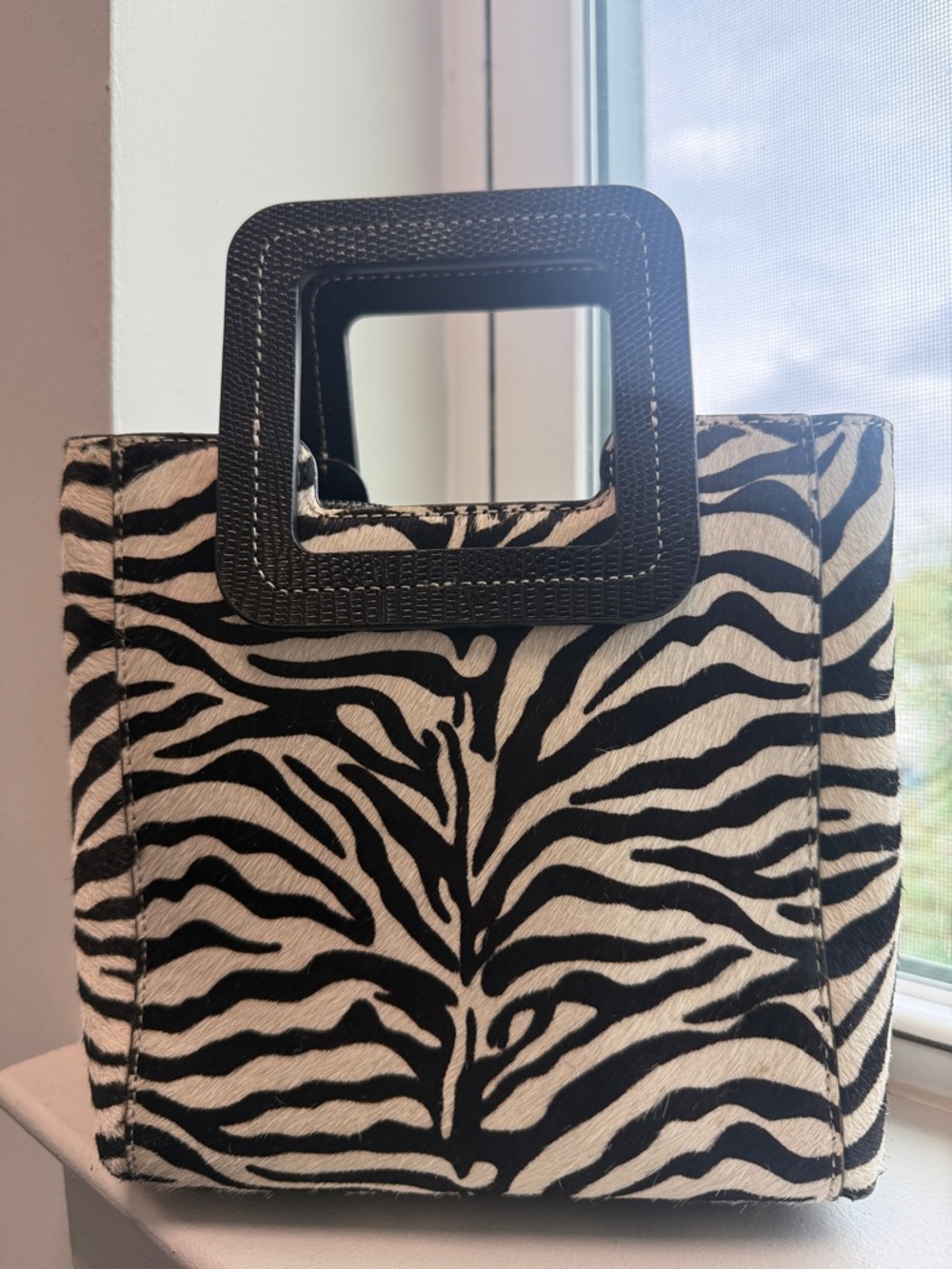 STAUD Black & White Zebra-Print Square Handle Tote Set Crossbody Bag